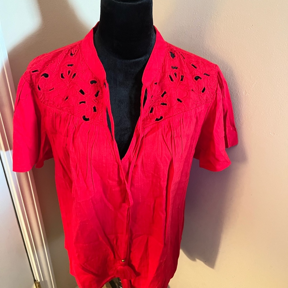 Knox Rose NWT, Red boho peasant style with Tassels blouse, Large